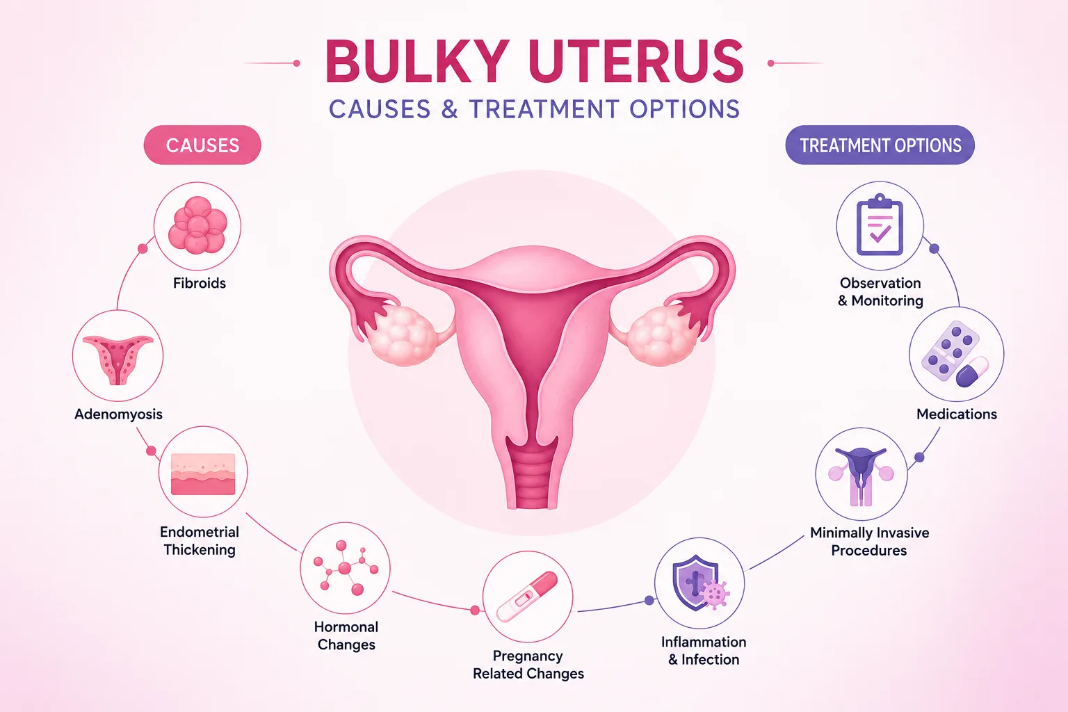 Minimal medical infographic explaining bulky uterus treatment in Delhi, showing causes including fibroids, adenomyosis, endometrial thickening, hormonal changes and pregnancy-related changes, along with treatment options such as observation, medications and minimally invasive procedures by MediWorld Fertility Delhi NCR.