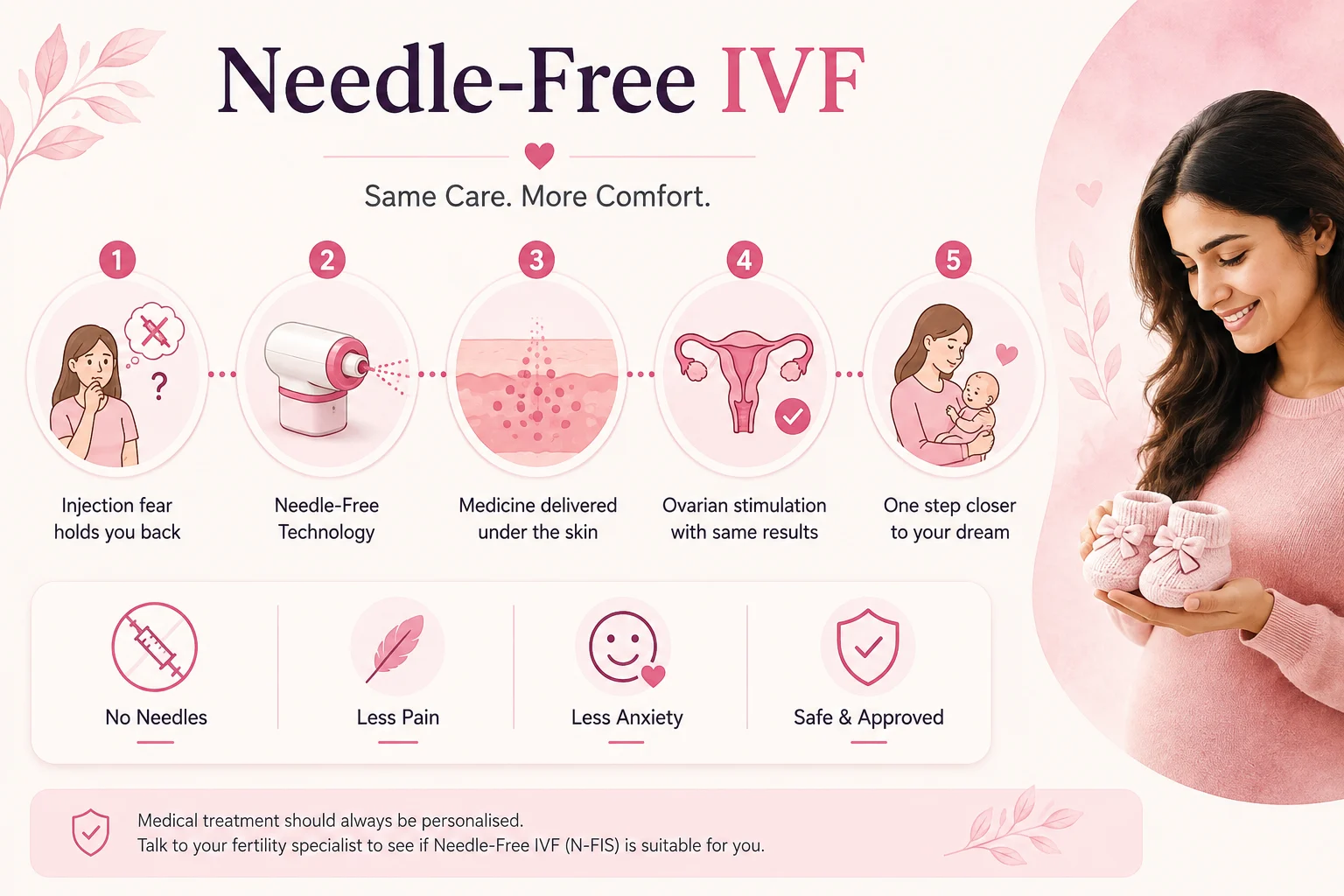 Needle-Free IVF infographic showing how the N-FIS device delivers IVF hormone medication without needles, reducing pain and injection anxiety while supporting ovarian stimulation at Mediworld Fertility Delhi NCR.