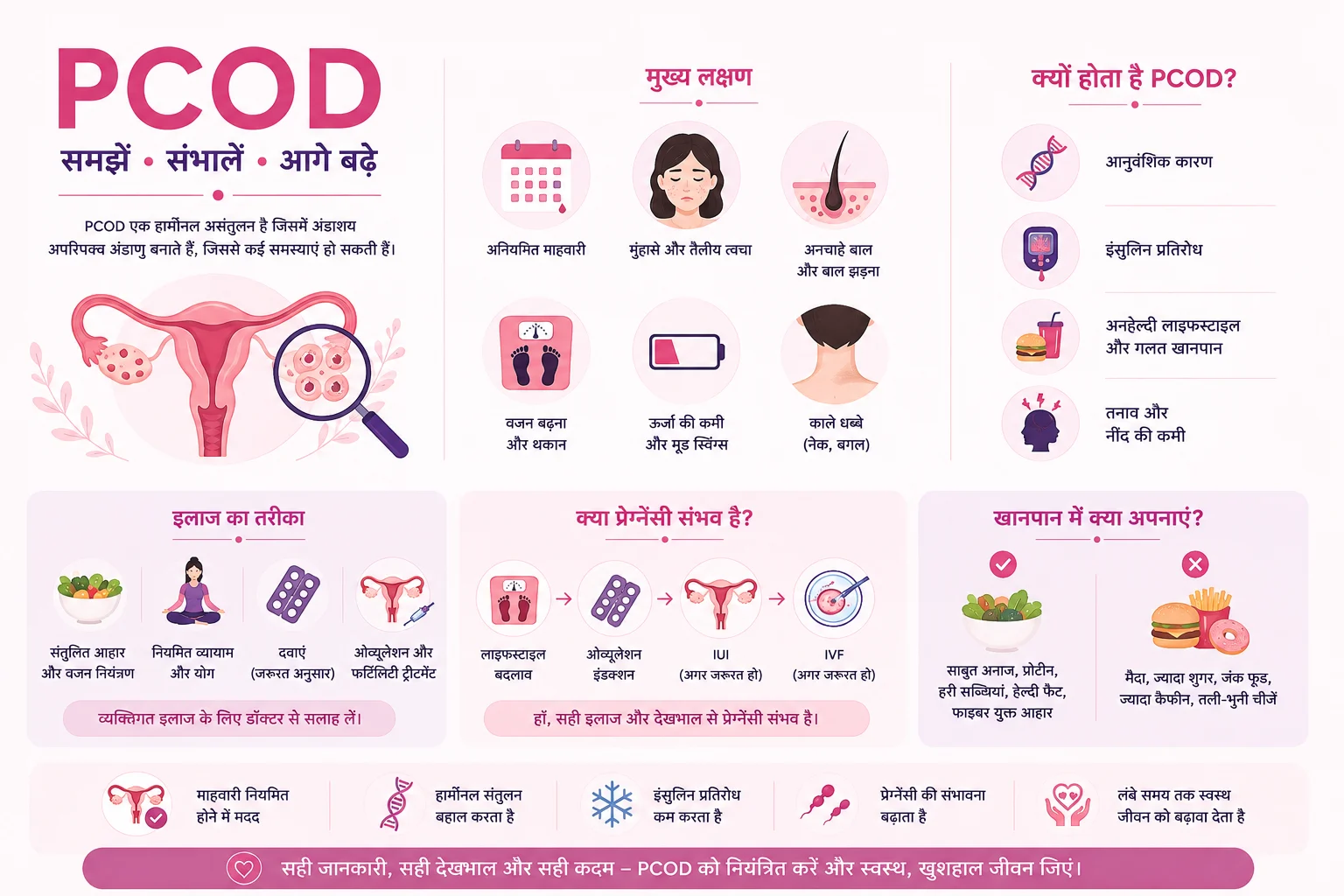 Minimal Hindi PCOD infographic explaining polycystic ovarian disease with illustrations of ovaries, common symptoms such as irregular periods, acne, weight gain and unwanted hair growth, causes, diagnosis, treatment, healthy lifestyle, fertility care and pregnancy awareness by MediWorld Fertility.