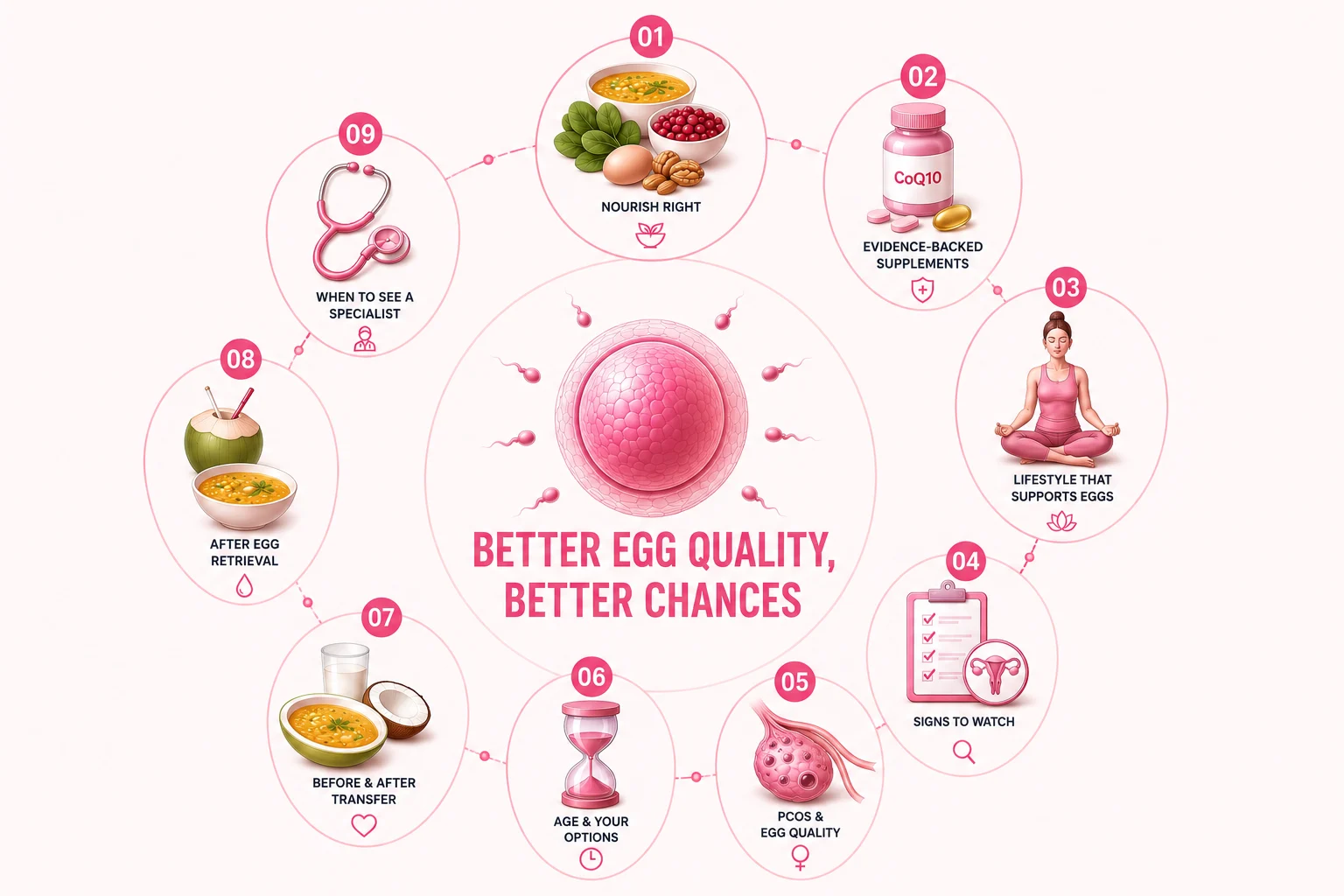 Infographic showing how to improve egg quality with nutrition, CoQ10, lifestyle changes, PCOS management, and 90-day fertility preparation