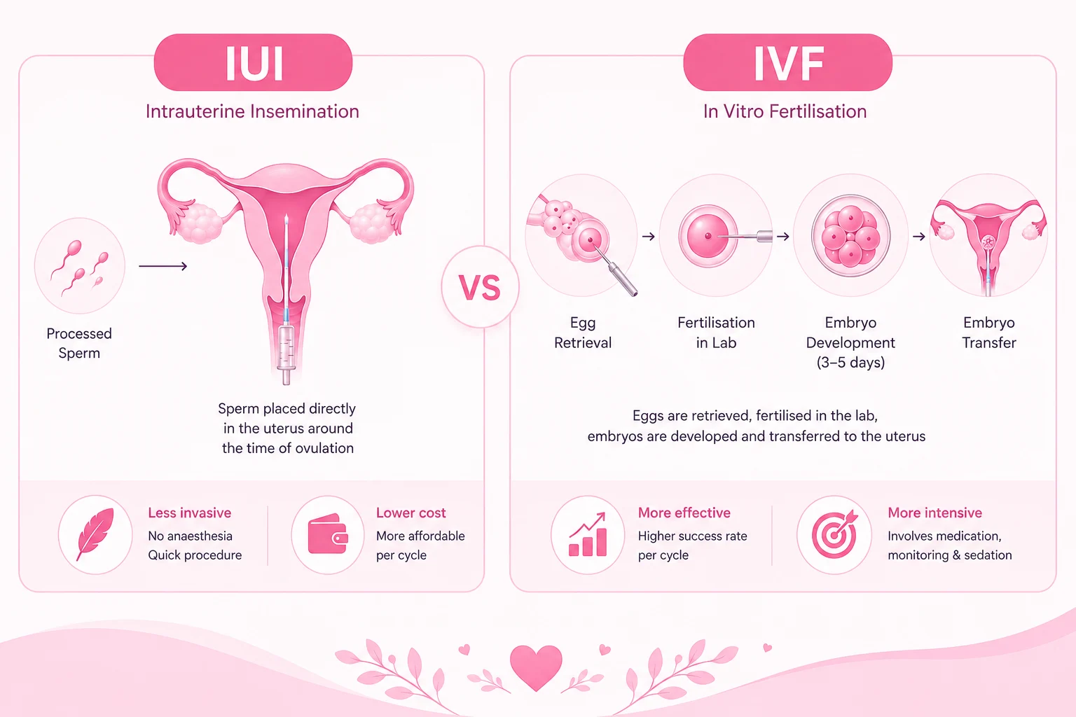 IUI vs IVF fertility treatment comparison showing intrauterine insemination, IVF egg retrieval, fertilisation, embryo development, and embryo transfer.