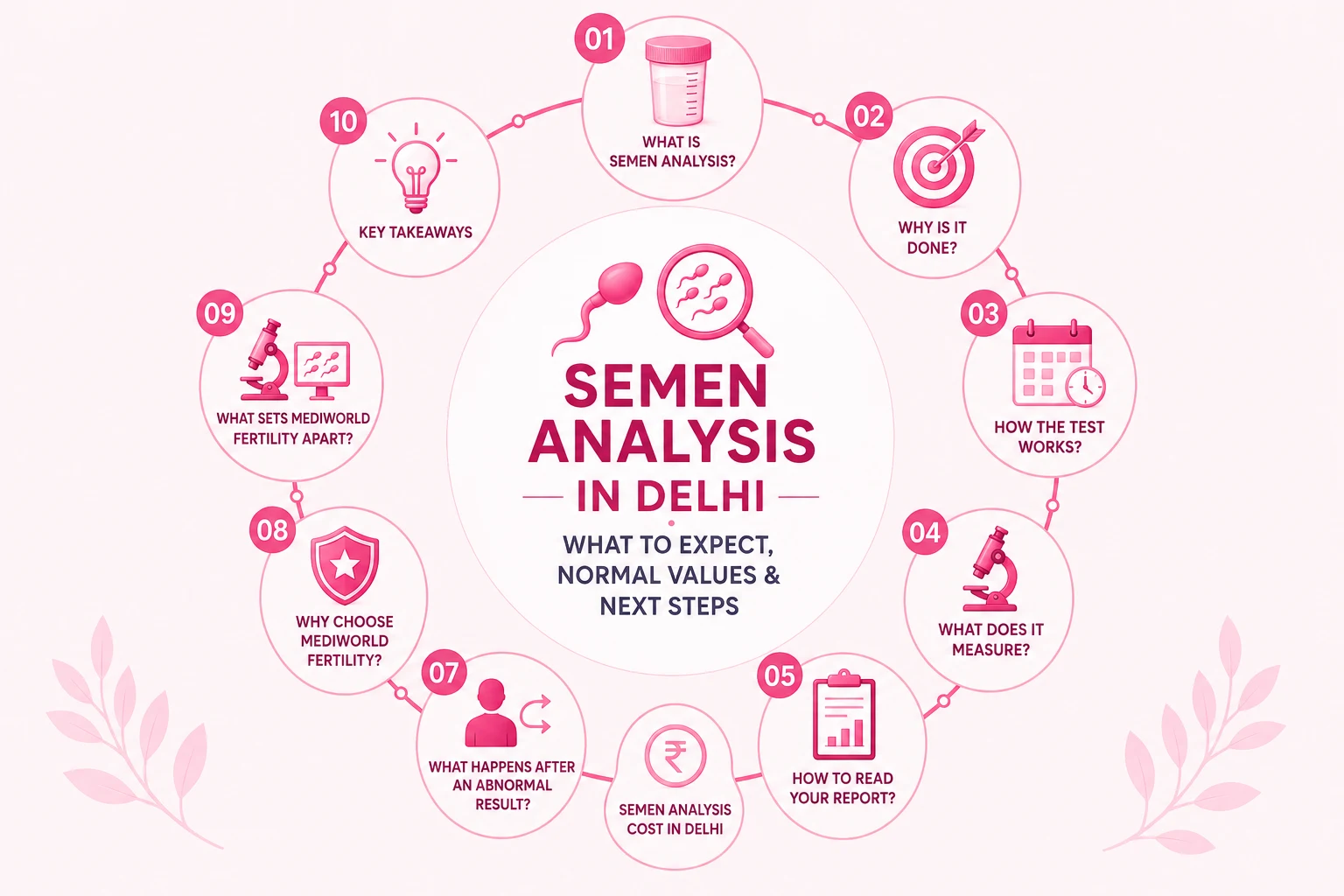 Semen analysis in Delhi infographic showing the semen testing process, WHO 2021 normal values, report interpretation, abnormal results, cost, and next steps.