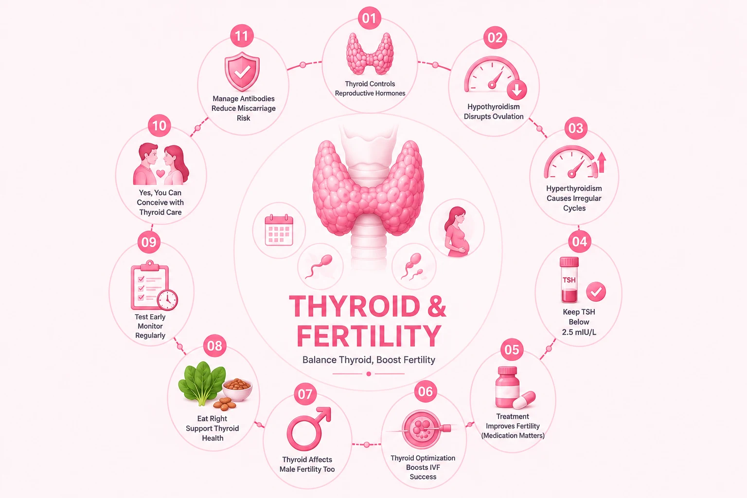 Thyroid and fertility infographic showing how hypothyroidism and hyperthyroidism affect ovulation, pregnancy, IVF, and fertility, including TSH management