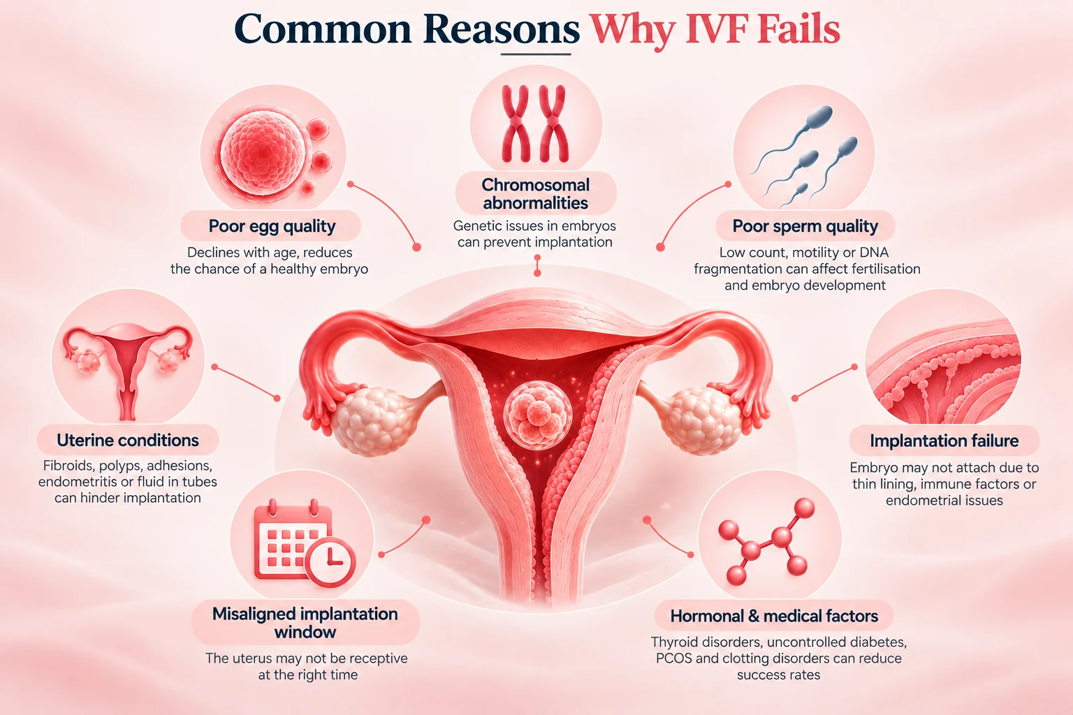 Infographic showing common reasons why IVF fails, including chromosomal abnormalities, poor egg and sperm quality, uterine conditions, implantation failure, and hormonal factors