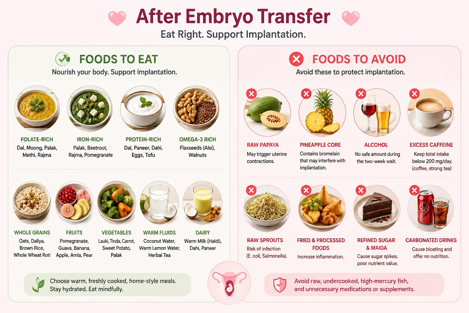 Infographic showing foods to eat and avoid after embryo transfer, including dal, leafy vegetables, paneer, fruits, nuts, coconut water, raw papaya, alcohol, caffeine, fried foods and raw sprouts.