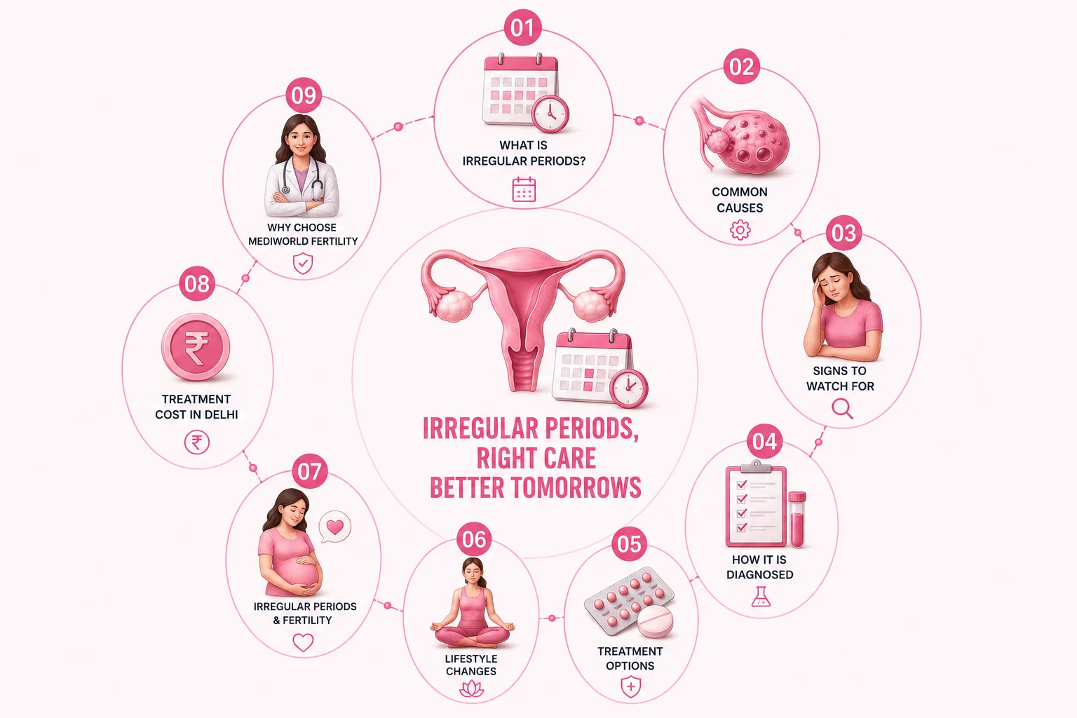 Medical infographic explaining irregular periods, including common causes, warning signs, diagnosis, treatment options, lifestyle changes, fertility, treatment costs, and specialist care.