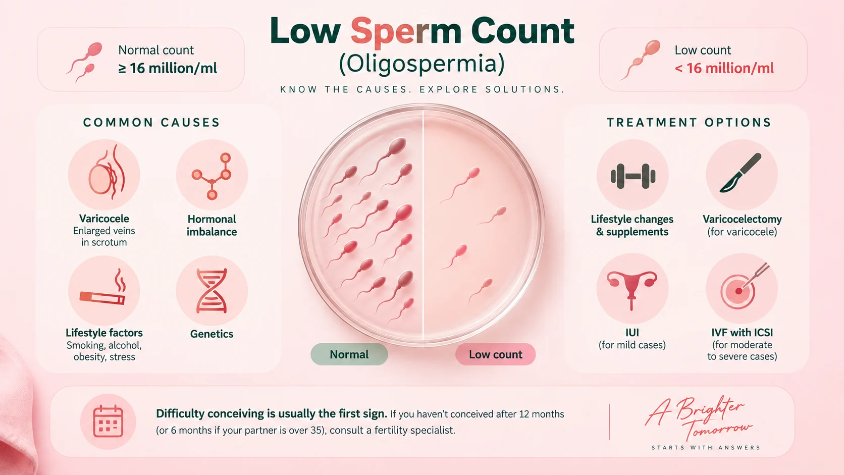 Low sperm count or oligospermia infographic showing causes, sperm count levels and treatment options for male infertility