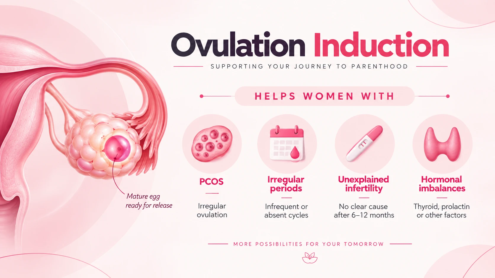 Ovulation induction infographic showing how fertility treatment helps women with PCOS, irregular periods, unexplained infertility and hormonal imbalances