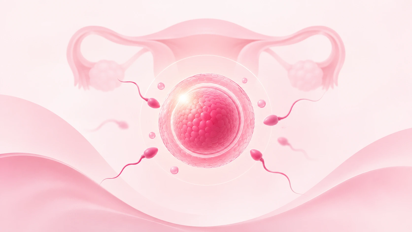 Minimalist medical illustration of ovulation induction showing a mature egg and sperm within the female reproductive system